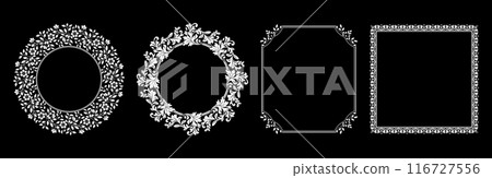 Set of decorative frames Elegant vector element for design in Eastern style, place for text. Floral black and white borders. Lace illustration for invitations and greeting cards. Set of decorative frames Elegant vector element for design in Eastern style, place for text. Floral black and white borders. Lace illustration for invitations and greeting cards. 116727556