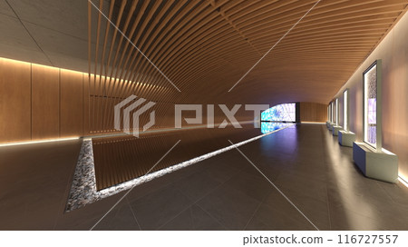 A corridor with delicately designed wooden lattices 116727557