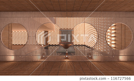 A corridor with delicately designed wooden lattices 116727566