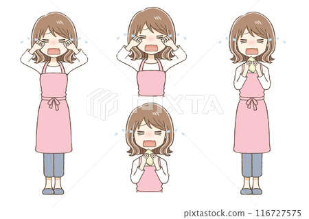 A woman wearing an apron is crying (2 poses) 116727575