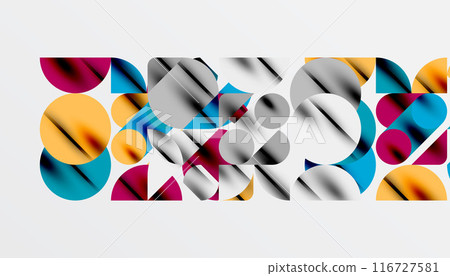 Color beautiful circles, semi circles, squares and round triangles. Geometric mosaic style pattern abstract background for wallpaper, banner, backdrop, card, book Illustration, landing page Color beautiful circles, semi circles, squares and round triangles. Geometric mosaic style pattern abstract background for wallpaper, banner, backdrop, card, book Illustration, landing page 116727581