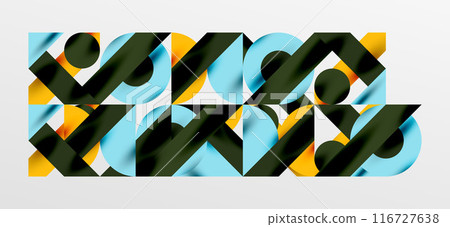 Circles and shadows. Colorful round elements with triangles, semi circles and other shapes. Vector Illustration For Wallpaper, Banner, Background, Card, Book Illustration, landing page Circles and shadows. Colorful round elements with triangles, semi circles and other shapes. Vector Illustration For Wallpaper, Banner, Background, Card, Book Illustration, landing page 116727638