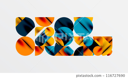 Color beautiful circles, semi circles, squares and round triangles. Geometric mosaic style pattern abstract background for wallpaper, banner, backdrop, card, book Illustration, landing page Color beautiful circles, semi circles, squares and round triangles. Geometric mosaic style pattern abstract background for wallpaper, banner, backdrop, card, book Illustration, landing page 116727690