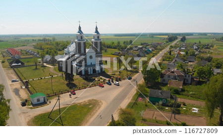 Belarusian urban village - Radun with the Catholic Church. The series of videos from the drone. Belarusian urban village - Radun with the Catholic Church. The series of videos from the drone. 116727809