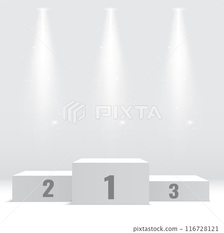 Three podiums under spotlights, perfect for awards or ranking presentations. Vector Three podiums under spotlights, perfect for awards or ranking presentations. Vector 116728121