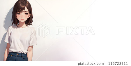 A woman in a white T-shirt standing by a wall A woman in a white T-shirt standing by a wall 116728511