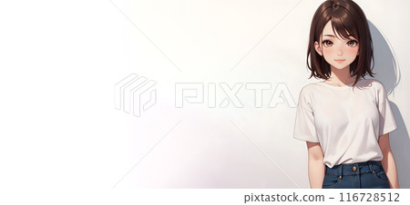 A woman in a white T-shirt standing by a wall A woman in a white T-shirt standing by a wall 116728512