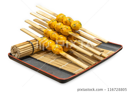 Top view of Grilled thai Fish cake skewer, focus selective 116728805