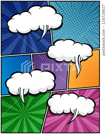 comic speech bubbles in white clouds on a vibrant pop art background 116729027