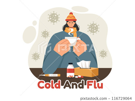 Vector Illustration of Sick People with Flu and Cold Wearing Thick Clothes, Hand Drawn in a Flat Cartoon Style for Healthcare Purposes on a Background 116729064