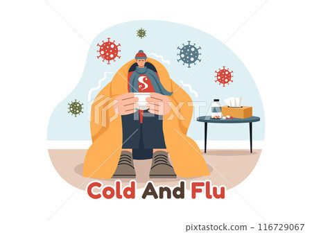 Vector Illustration of Sick People with Flu and Cold Wearing Thick Clothes, Hand Drawn in a Flat Cartoon Style for Healthcare Purposes on a Background 116729067