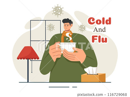 Vector Illustration of Sick People with Flu and Cold Wearing Thick Clothes, Hand Drawn in a Flat Cartoon Style for Healthcare Purposes on a Background 116729068