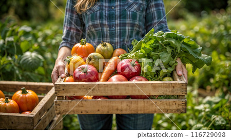 A woman harvesting colorful vegetables 116729098