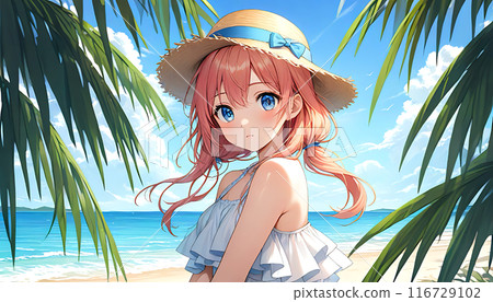 夏天、大海、海灘、動漫風格女性/女孩的插圖素材 116729102