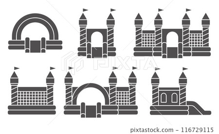 Bouncy castle icons set. Inflatable house pictograms with slide for air trampoline park and children playground. Inflated equipment for amusement park and kids zone. Vector glyph illustration 116729115