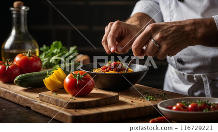 廚師的手在廚房裡烹調食物 廚師的手在廚房裡烹調食物 116729221