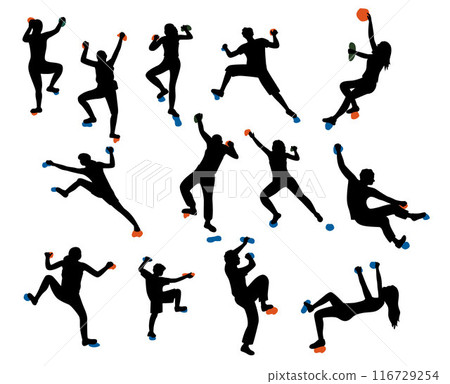 Climbing on wall training in gym, rock climbing silhouettes, climbing on artificial wall indoors 116729254
