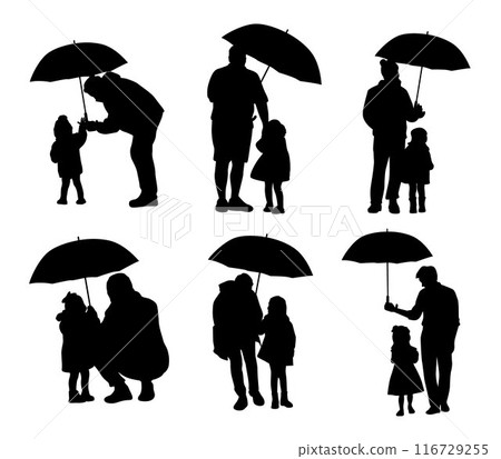 Father and little daughter, father holding an umbrella to cover his daughter silhouette 116729255