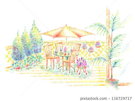 Wooden deck landscape with parasol 116729717