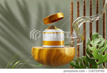 3d nature wood podium with gold cream jar, water wave, palm leaf shadow on green wall background. Tropical banner with beauty skin care cosmetic product, glitter sunscreen on platform. 3D illustration 3d nature wood podium with gold cream jar, water wave, palm leaf shadow on green wall background. Tropical banner with beauty skin care cosmetic product, glitter sunscreen on platform. 3D illustration 116729760