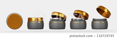3d set of black cream jar with gold cap mockup front and top view. Realistic cosmetic plastic container with white skincare product, closed and open makeup or face cream package. 3D illustration 3d set of black cream jar with gold cap mockup front and top view. Realistic cosmetic plastic container with white skincare product, closed and open makeup or face cream package. 3D illustration 116729785