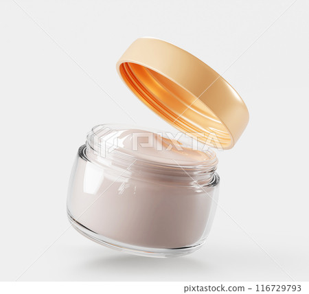 3d glass jar with cream, cosmetic transparent container mock up isolated render icon. Realistic open clear package with beige lid and white beauty skincare product, serum or lotion. 3D illustration 116729793