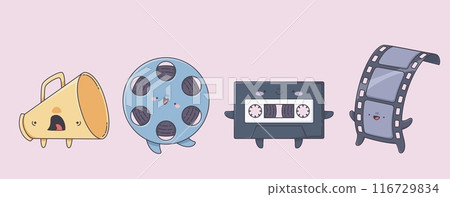 Cute movie character. Cinema groovy mascot icon Cute movie character. Cinema groovy mascot icon 116729834