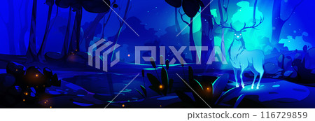 Fantasy magic glowing deer in dark night forest 116729859