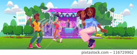 Open air music festival in park on summer day. Open air music festival in park on summer day. 116729902