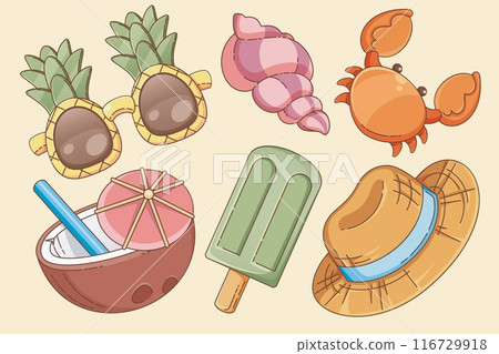 Cute set food and objects for summer beach picnic 116729918
