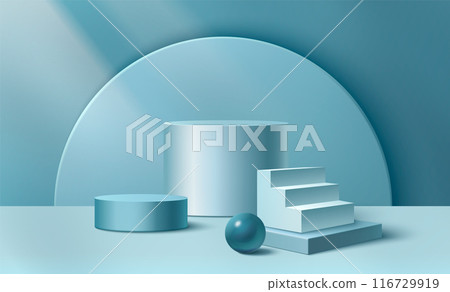 3D stairs and cylinder podiums on blue background 116729919