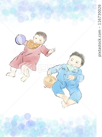 Two babies lying down with a ball 116730026