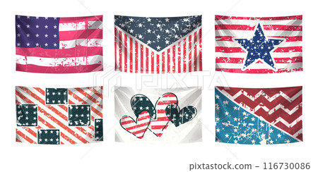 Set of various waving american flag pattern, pinned on isolated on white background, Vector . 116730086