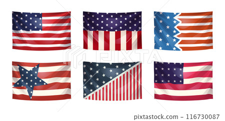 Set of various waving american flag pattern, pinned on isolated on white background, Vector . 116730087