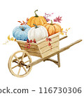 Charming watercolor illustration of colorful pumpkins in a wooden cart 116730306