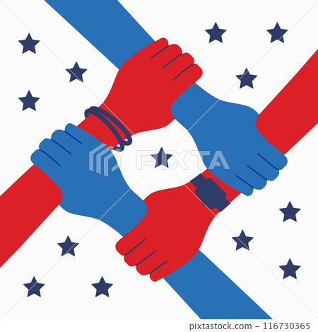 US community illustration. Red and blue four hands holding each other. US community illustration. Red and blue four hands holding each other. 116730365