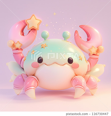 Zodiac Sign Cancer with gold stars on it is sitting on a pink background. The crab has a happy expression and is surrounded by seashells and stars 116730447