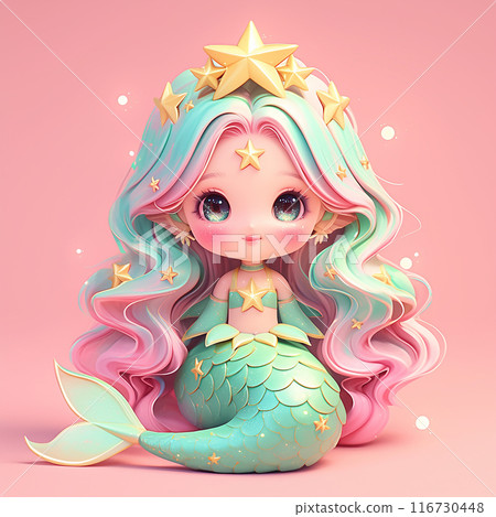 Zodiac sign Aquarius A cartoon mermaid with a crown of stars on her head. She is sitting on a pink background 116730448