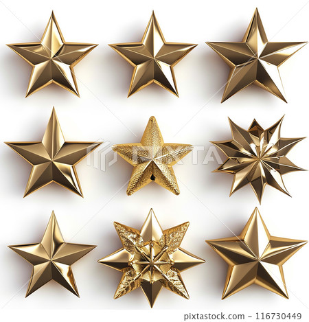A set of nine gold stars are arranged in a row. The stars are all different sizes and shapes, but they all have a similar golden hue. Scene is one of luxury and elegance 116730449