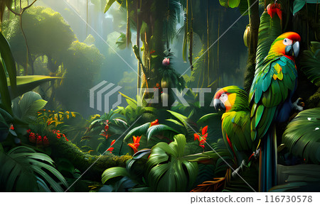 Two Parrots Perched on a Tree Branch in a Lush Jungle Setting 116730578