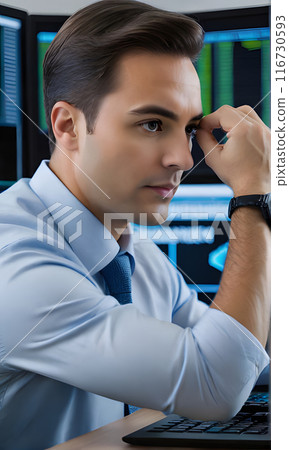 Focused Businessman Working at Computer With Data Display 116730593