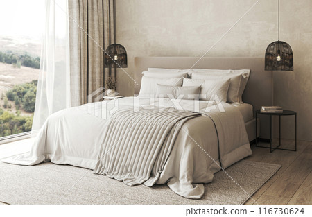 Serene bedroom interior with panoramic view, featuring cozy bedding and stylish pendant lighting. 3d rendering 116730624