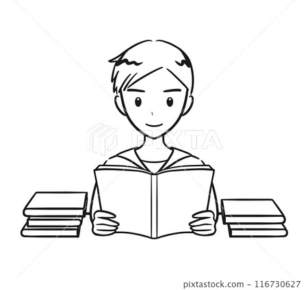 一個愛讀書的男孩的插圖（線圖） 116730627