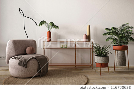 Modern living room with designer furniture and vibrant houseplants, 3d rendering illustration Modern living room with designer furniture and vibrant houseplants, 3d rendering illustration 116730628