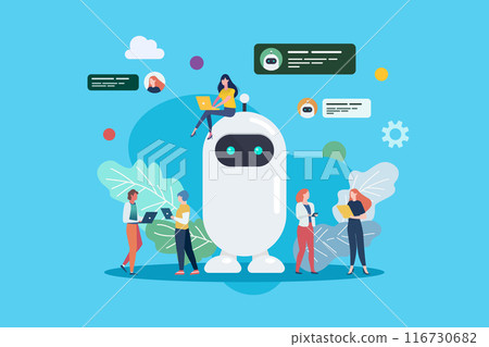 Programmer people with android robot. Vector Illustration. Programmer people with android robot. Vector Illustration. 116730682