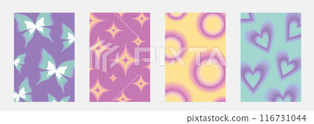 Set brochure y2k aura. Blurred heart, butterfly and stars with aura in trendy style y2k. 116731044