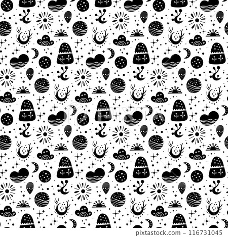 Seamless neo folk art vector pattern with mountains, moon and flowers, black and white floral design. Neo folk style endless background perfect for textile design. 116731045