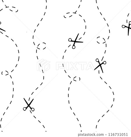 Cut here seamless pattern. Vector scissors with dotted lines, paper cut here seamless pattern for ticket, coupon, promo code. Cut here seamless pattern. Vector scissors with dotted lines, paper cut here seamless pattern for ticket, coupon, promo code. 116731051