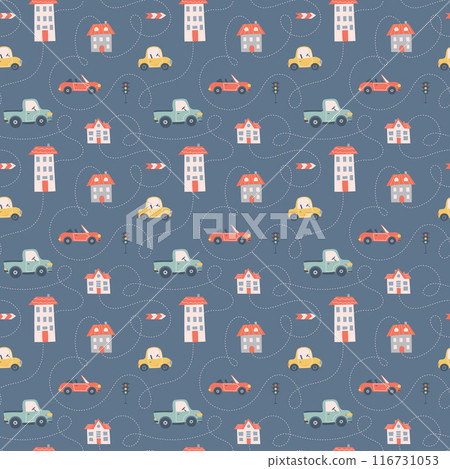 Kids seamless pattern with car, bus and road. Perfect for fabric , digital paper, cards. 116731053