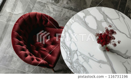velvet armchair and marble table. velvet armchair and marble table. 116731196